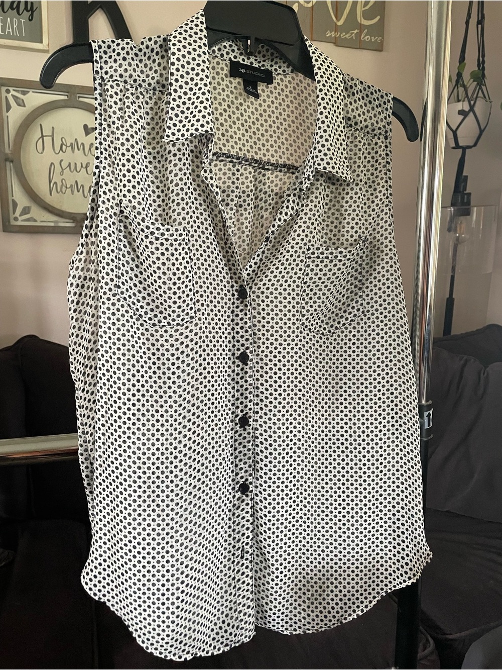 AB Studio Sleeveless Polka Dot Blouse Button Down Shirt Top Size Large